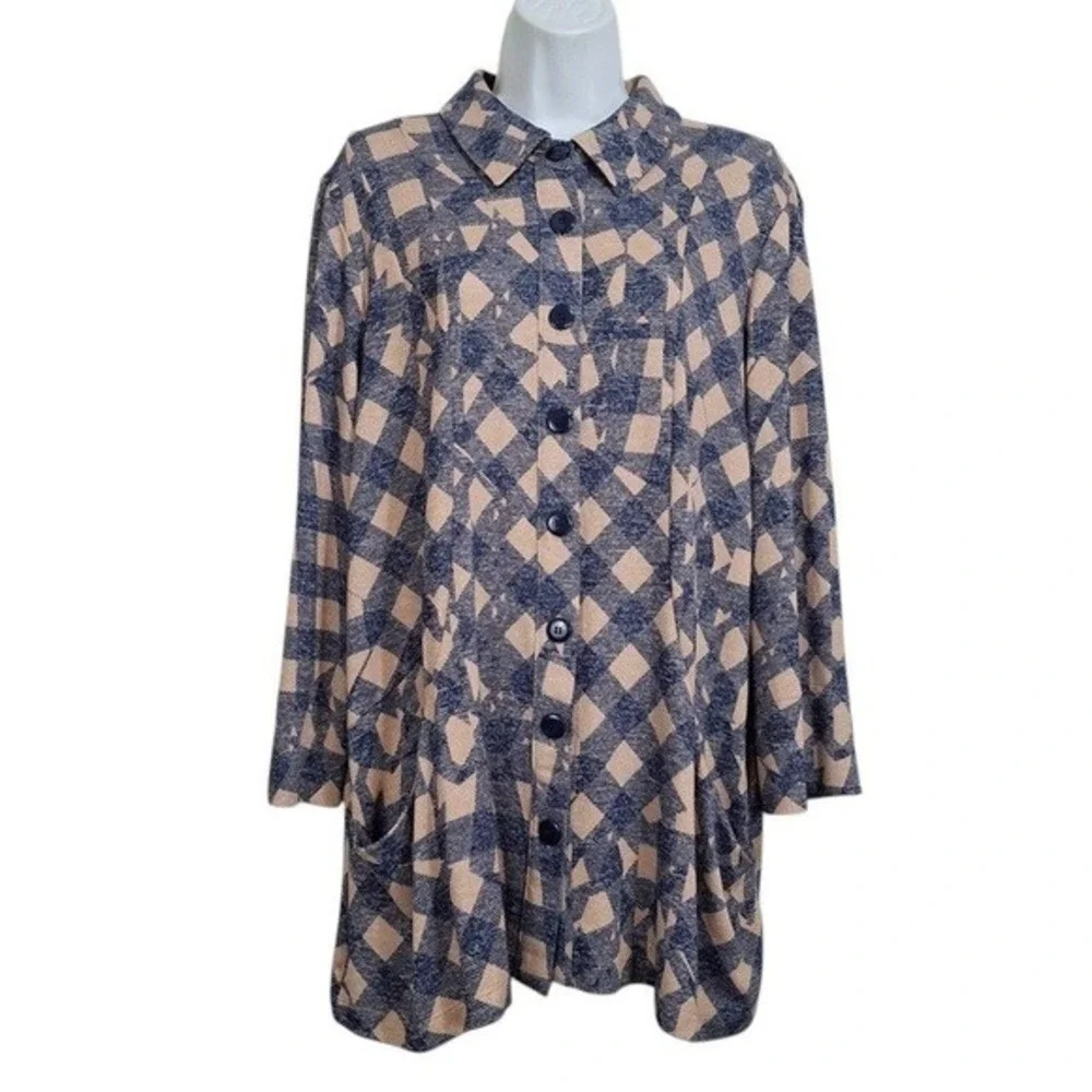 Attitudes by Renee Top Womens M‎ L Blue Beige Casknit Plaid Cozy Shacket Jacket